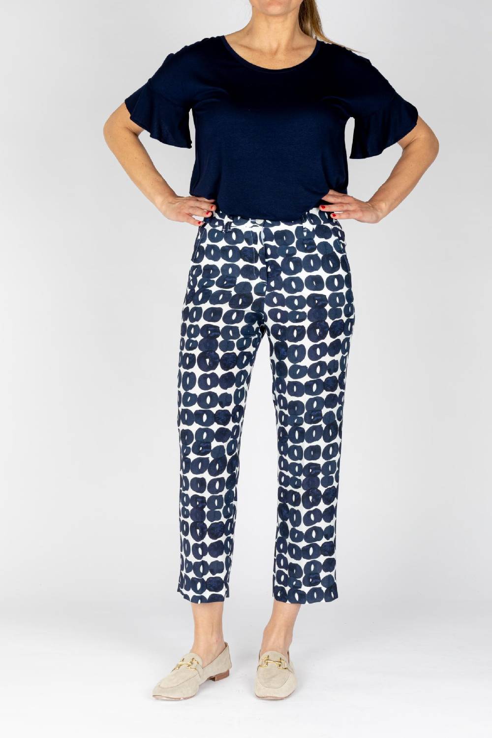 L.Pucci Pantaloni colore blu gamba larga tessuto viscosa stampa cerchio Sconto