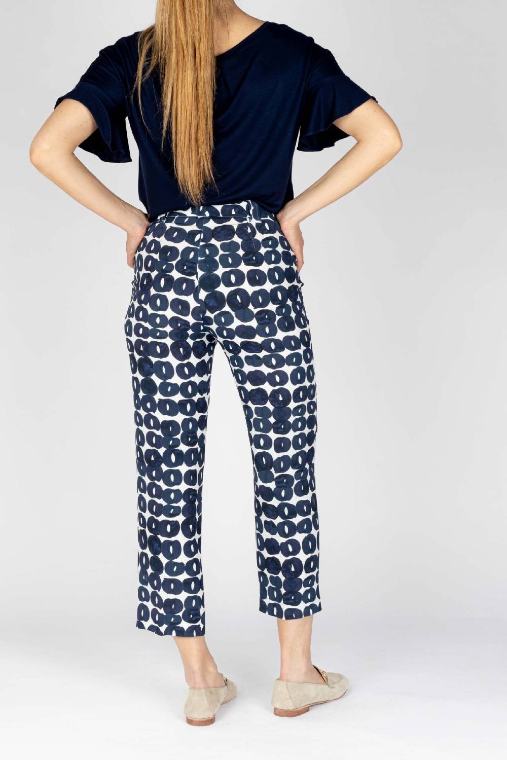 L.Pucci Pantaloni colore blu gamba larga tessuto viscosa stampa cerchio Sconto
