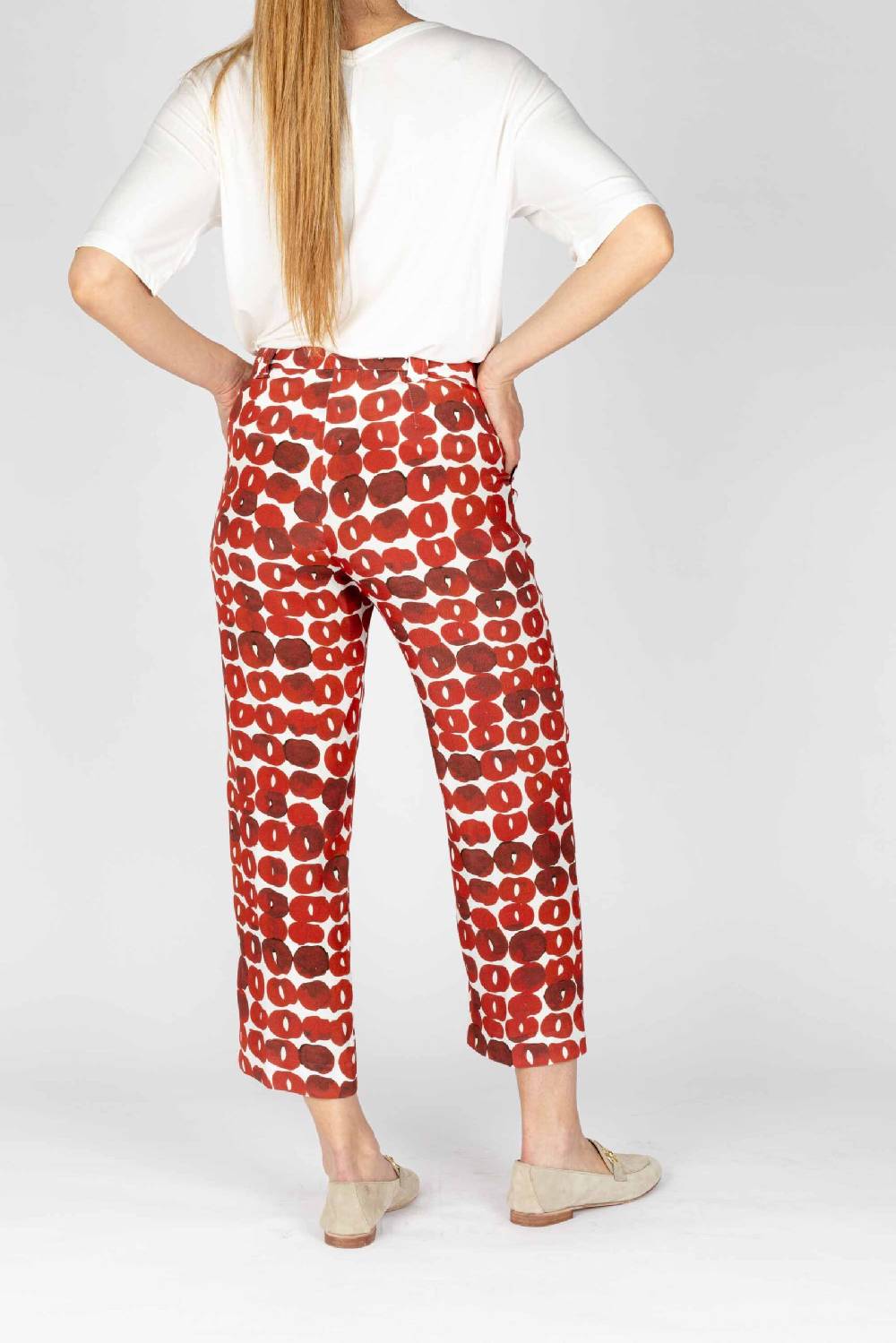 L.Pucci Pantaloni colore paprika gamba larga tessuto viscosa stampa cerchio Economico