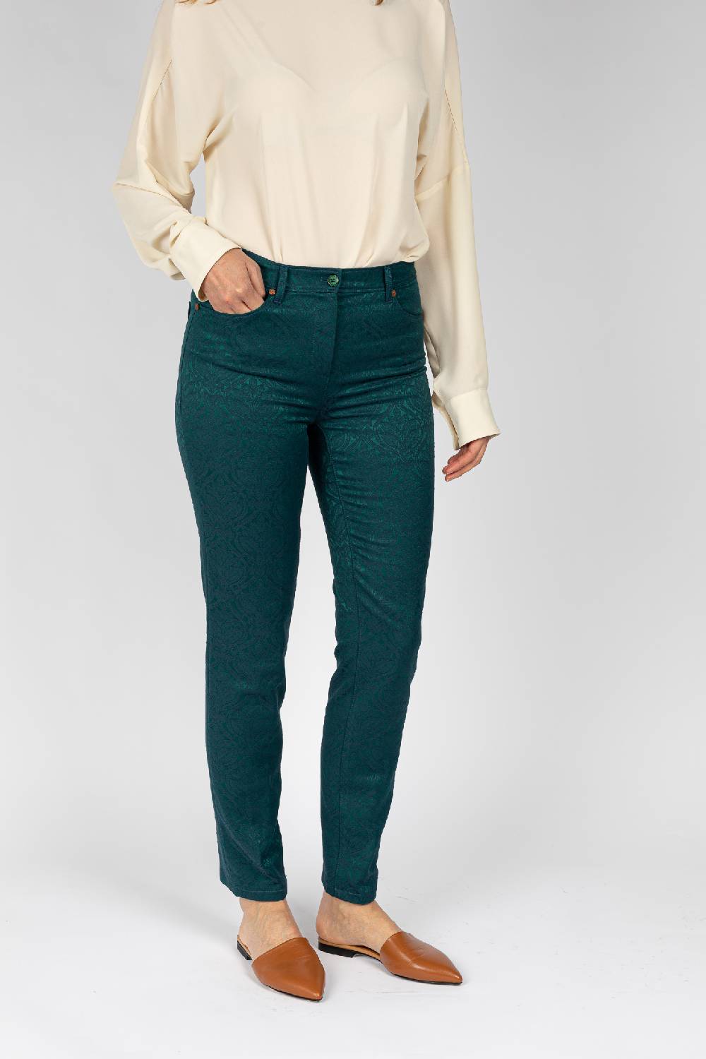 L.Pucci Pantaloni disegno fiore colore verde, linea Jeans tessuto jacquard Vendite Flash