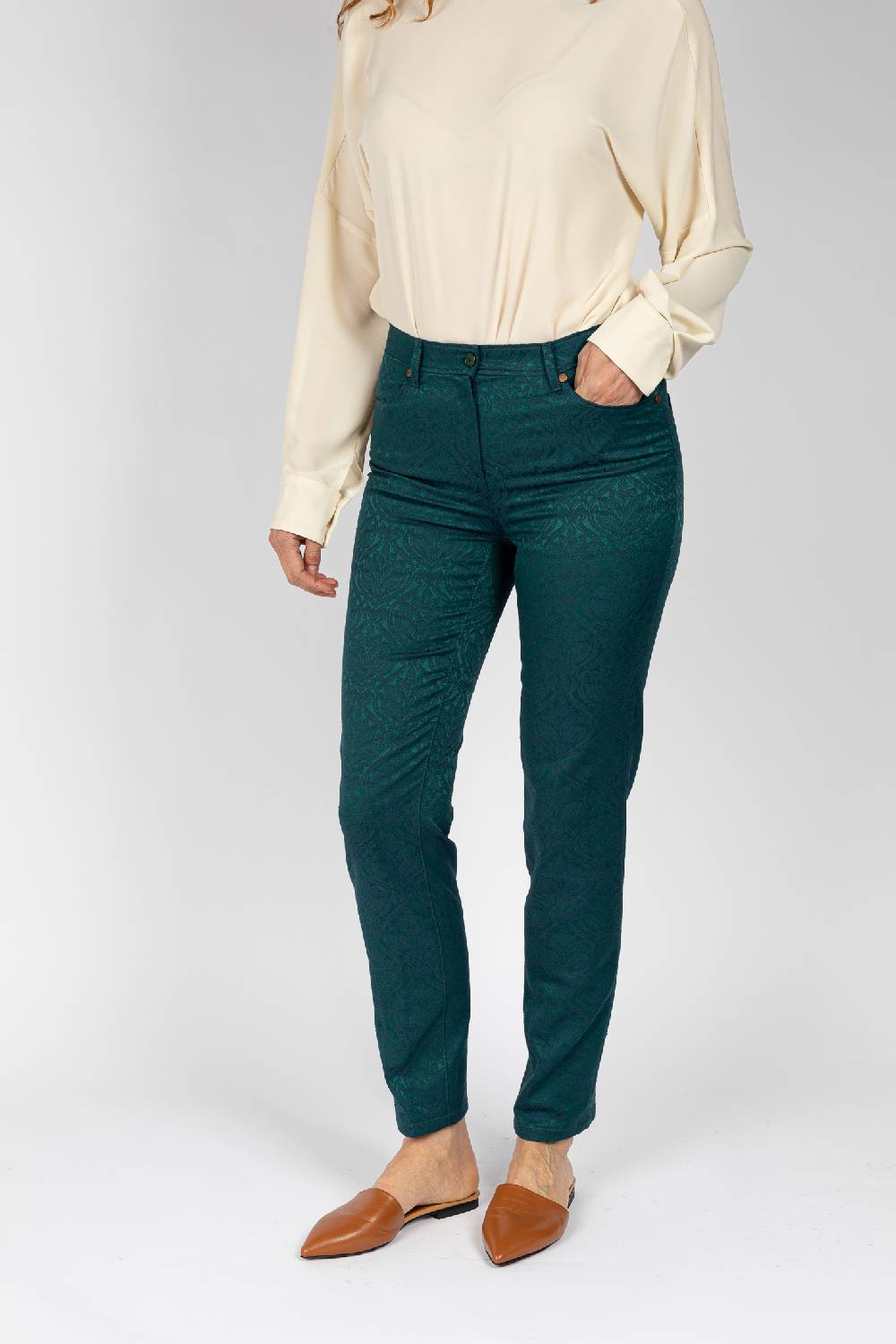 L.Pucci Pantaloni disegno fiore colore verde, linea Jeans tessuto jacquard Vendite Flash