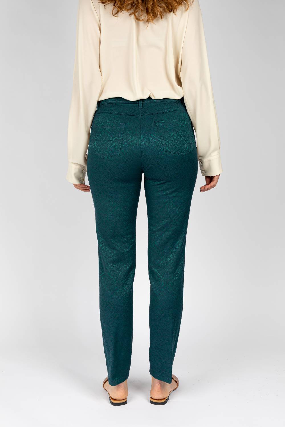 L.Pucci Pantaloni disegno fiore colore verde, linea Jeans tessuto jacquard Vendite Flash
