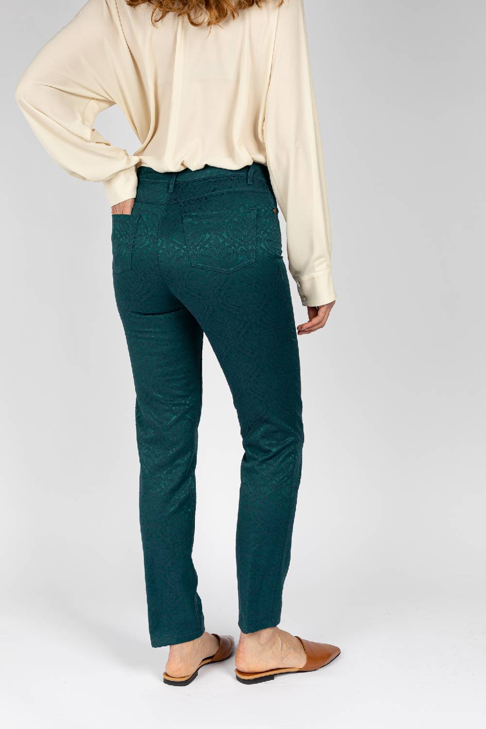 L.Pucci Pantaloni disegno fiore colore verde, linea Jeans tessuto jacquard Vendite Flash