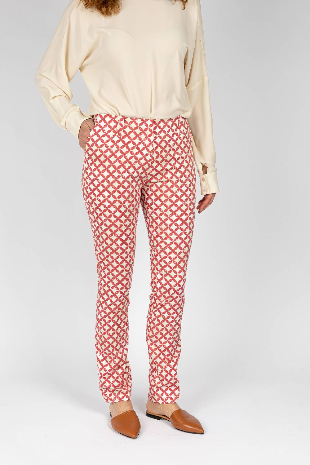 L.Pucci Pantaloni tessuto fantasia a cerchi rosso, gamba regolare Vendita