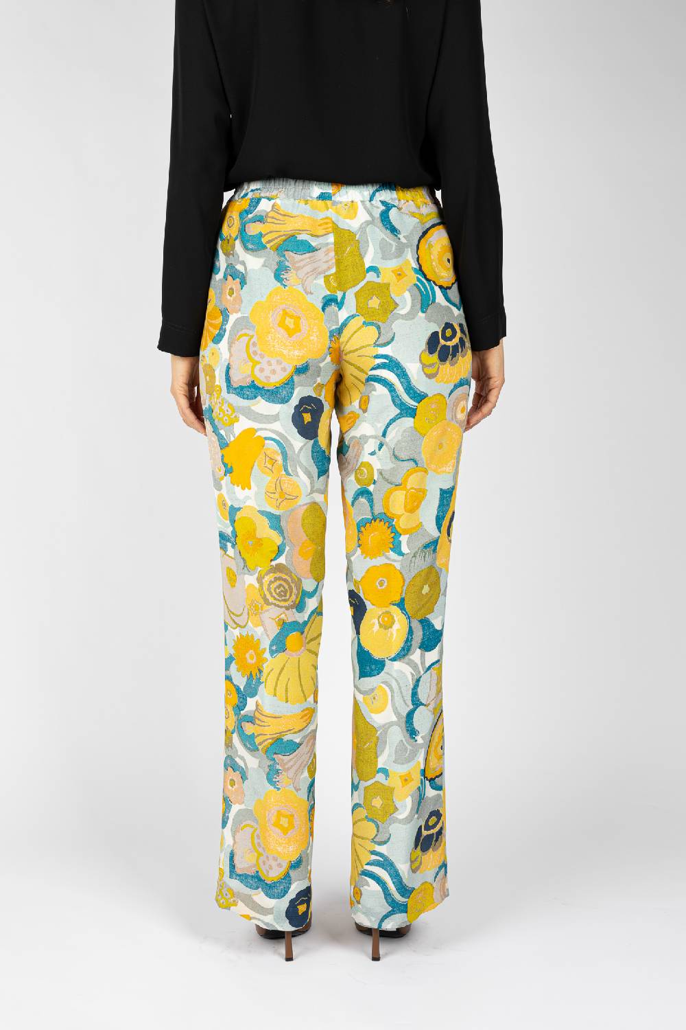 L.Pucci Pantaloni stampati disegno fiori sul giallo linea morbida da donna Offerte