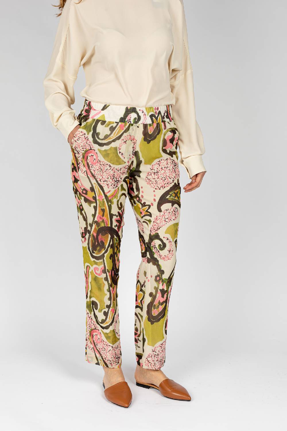 L.Pucci Pantaloni stampati disegni cachemire beige verdi linea morbida da donna Hotsell