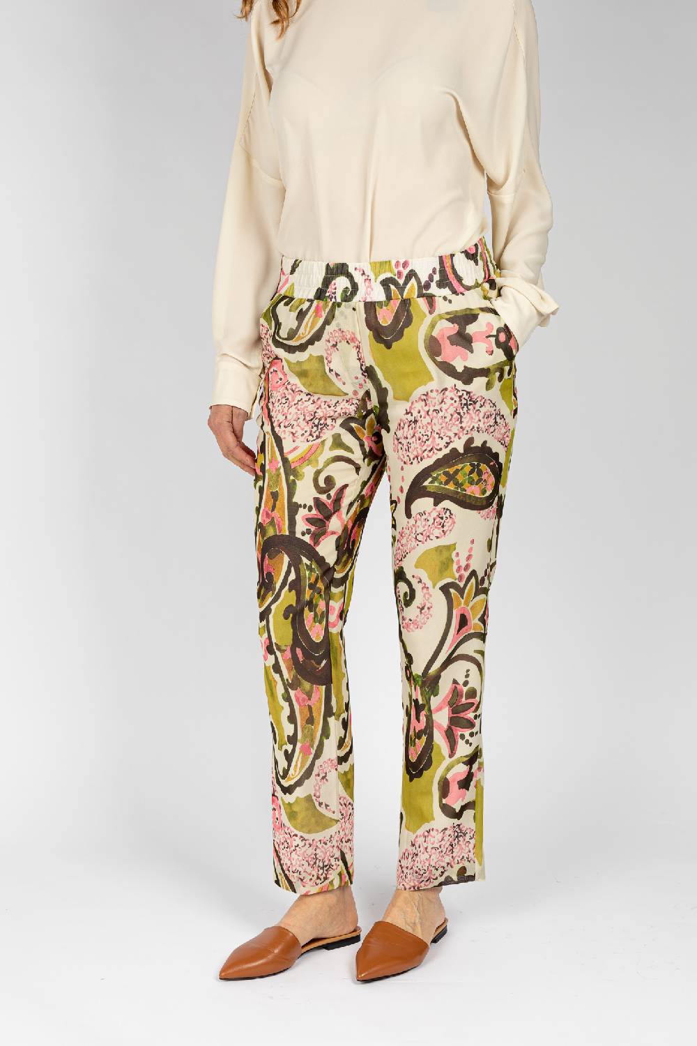 L.Pucci Pantaloni stampati disegni cachemire beige verdi linea morbida da donna Hotsell
