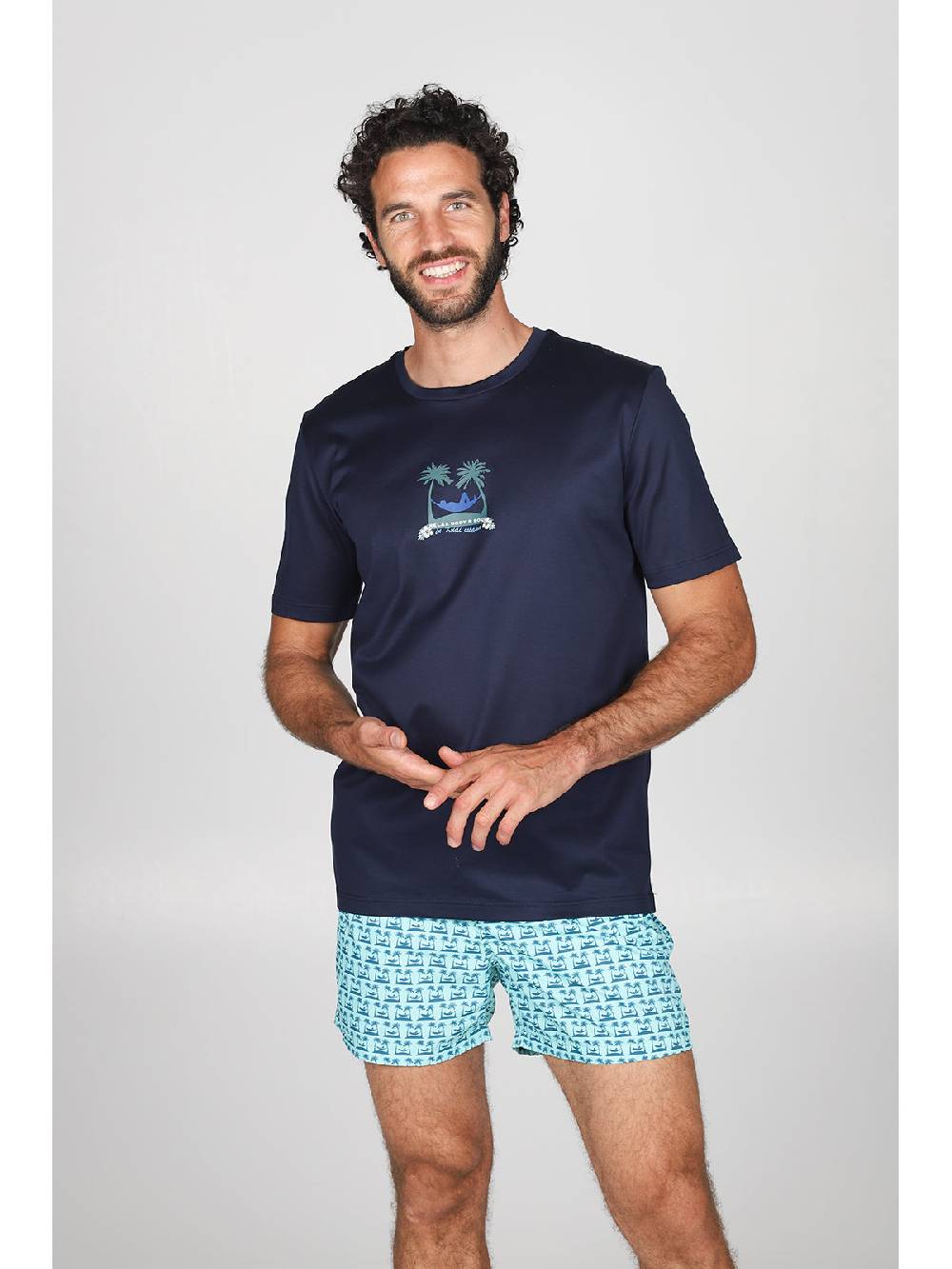Julipet T-shirt in jersey di puro cotone blu, con stampa piazzata "palme" 2025