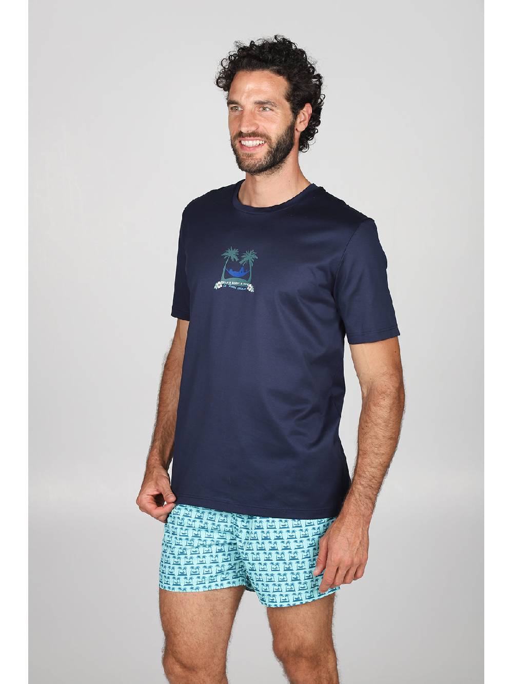 Julipet T-shirt in jersey di puro cotone blu, con stampa piazzata "palme" 2025