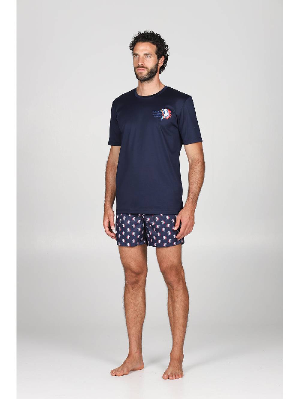 Julipet T-shirt in jersey di puro cotone blu, con stampa piazzata "indiano" In Linea