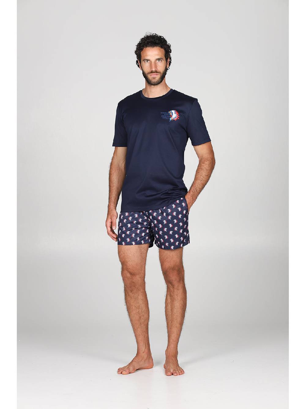Julipet T-shirt in jersey di puro cotone blu, con stampa piazzata "indiano" In Linea