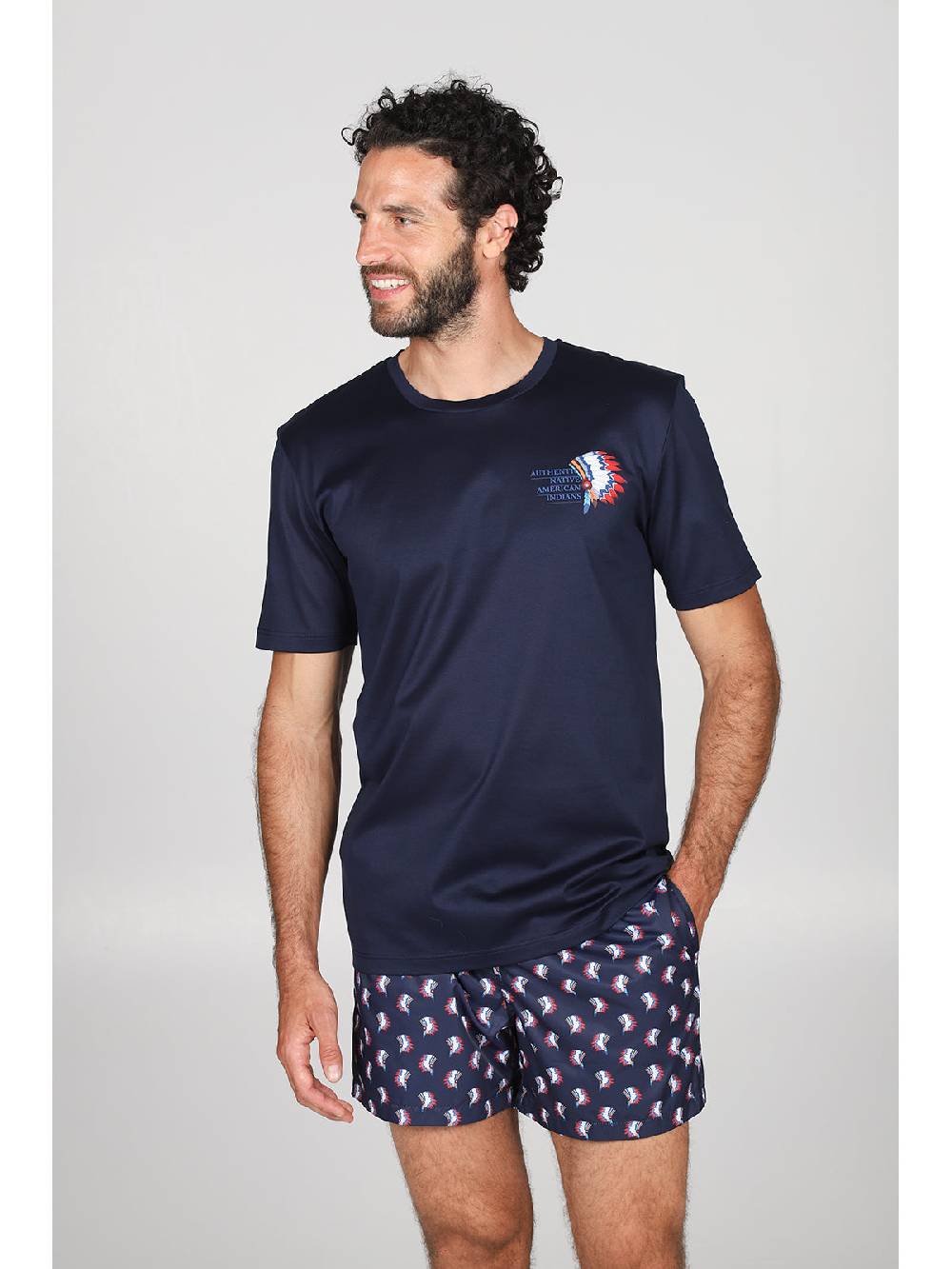 Julipet T-shirt in jersey di puro cotone blu, con stampa piazzata "indiano" In Linea