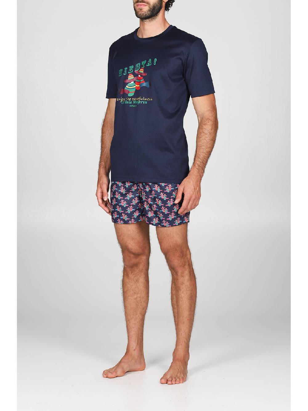 Julipet T-shirt in jersey di puro cotone blu, con stampa piazzata "siesta" Nuovo