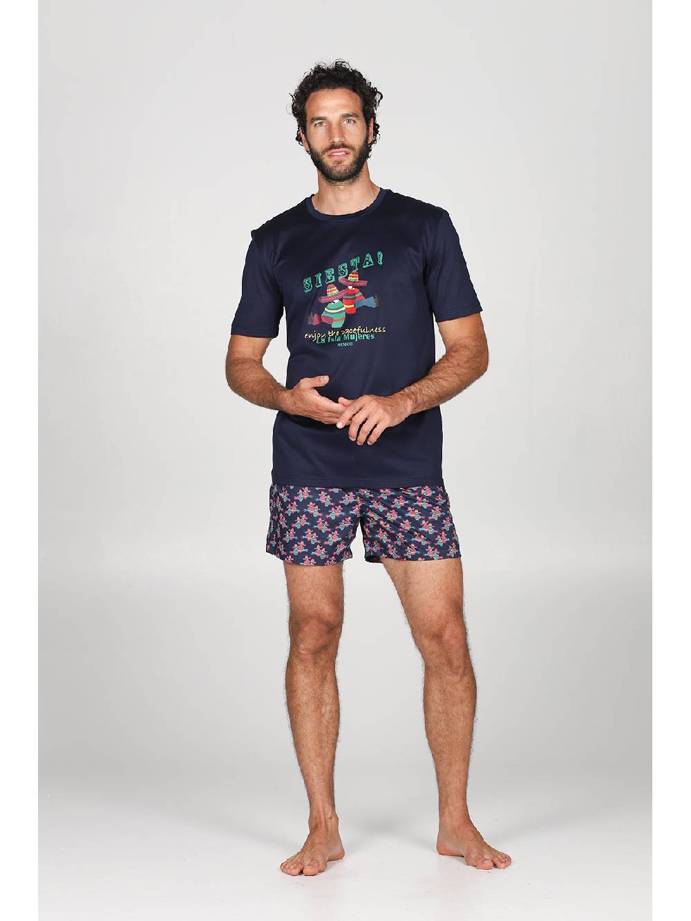 Julipet T-shirt in jersey di puro cotone blu, con stampa piazzata "siesta" Nuovo