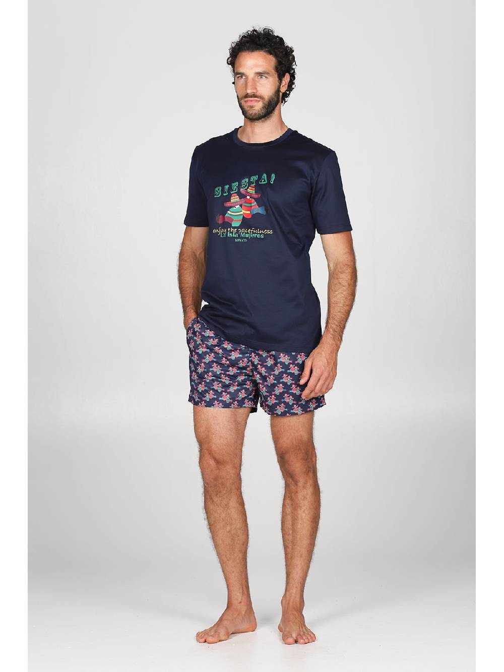 Julipet T-shirt in jersey di puro cotone blu, con stampa piazzata "siesta" Nuovo