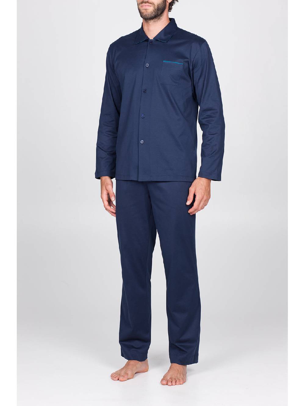 Julipet Pigiama aperto in setoso puro cotone mercerizzato blu, con colletto camicia Super sconto