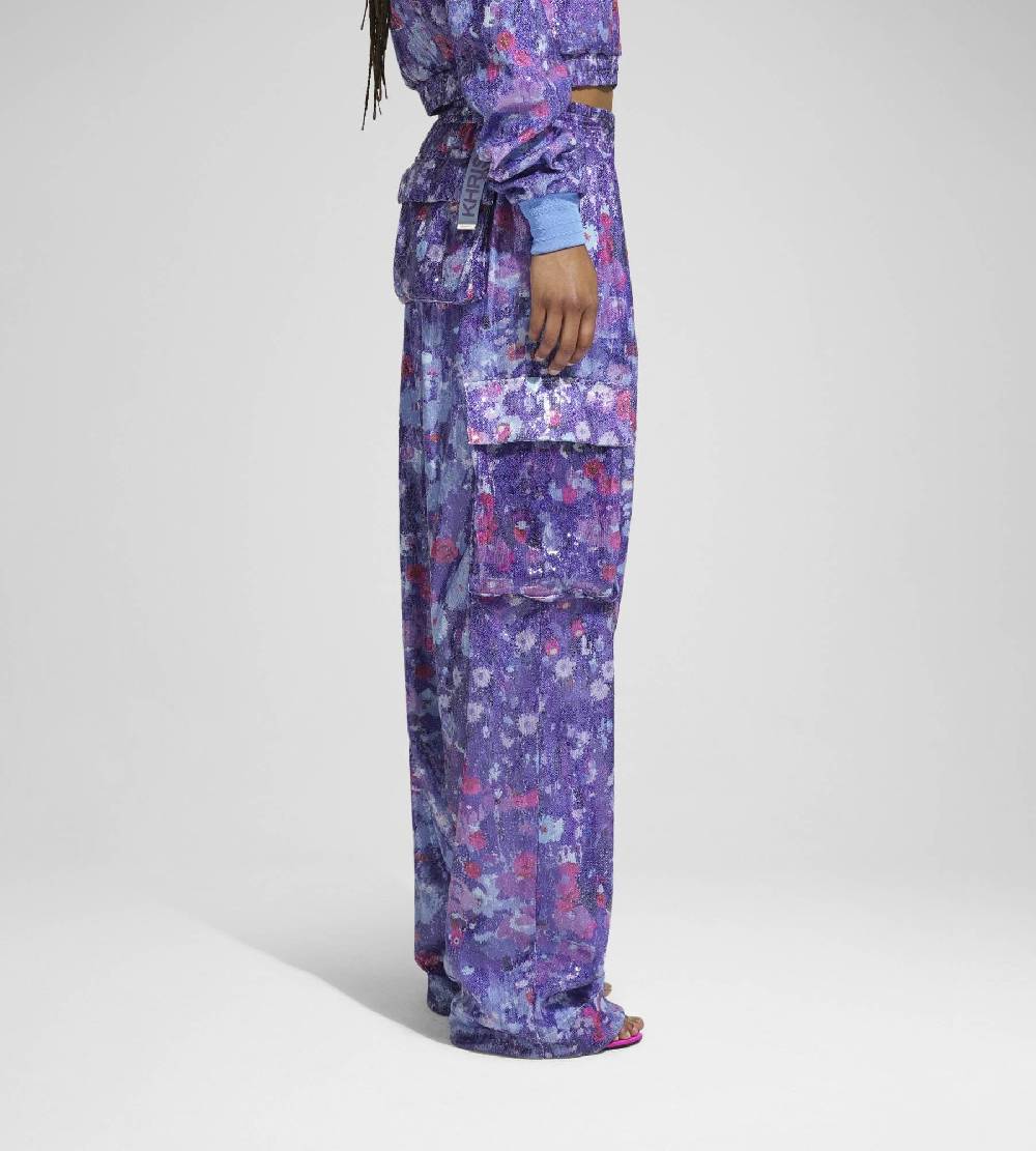 Khrisjoy PANTS MULTIPOCKET PAILLETTES FLOWERS UPSIDE DOWN GRAPE Promozione