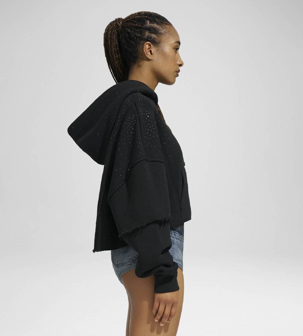 Khrisjoy HOODIE CROP DOUBLE POCKETS STRASS BLACK In Linea