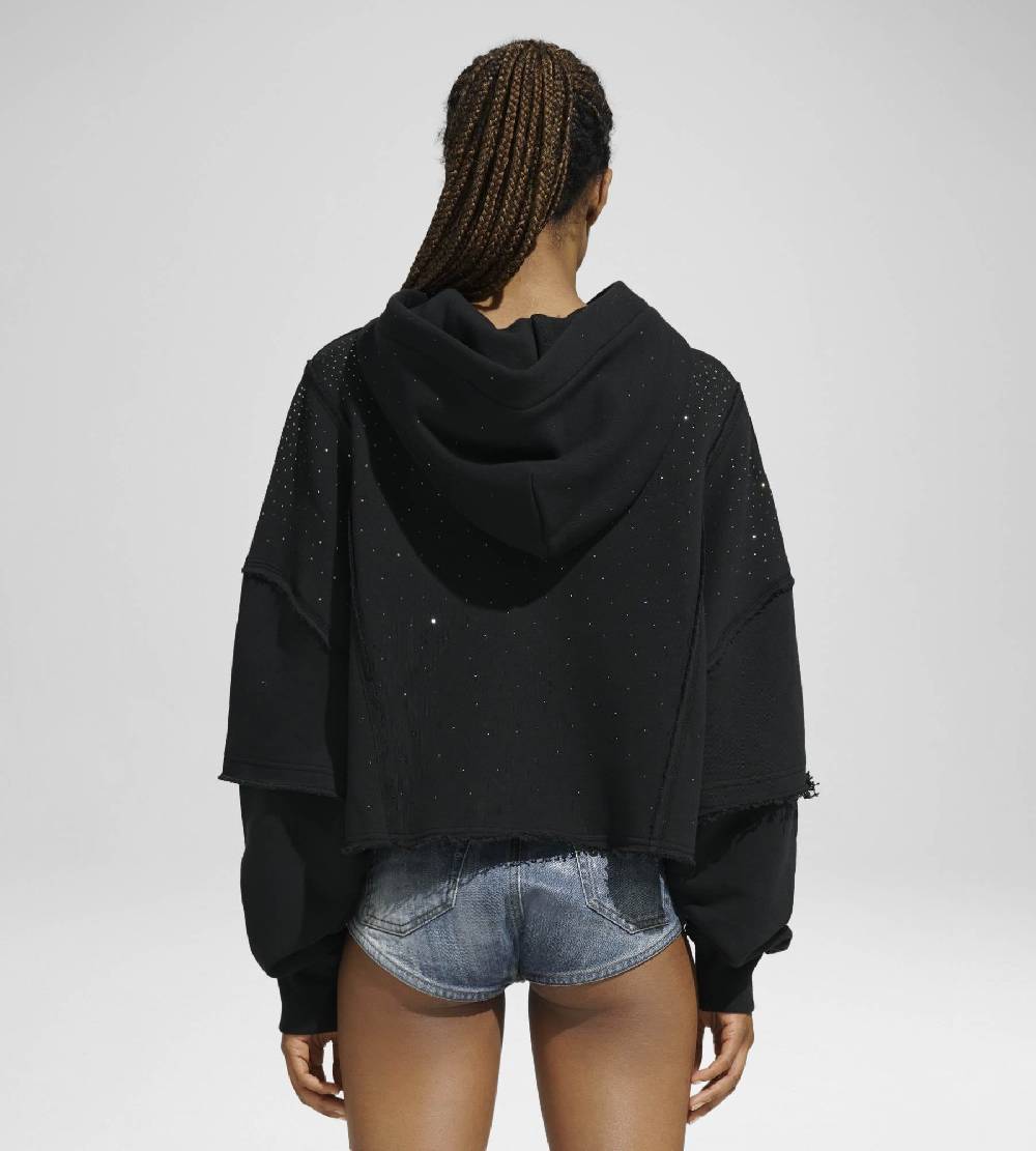 Khrisjoy HOODIE CROP DOUBLE POCKETS STRASS BLACK In Linea