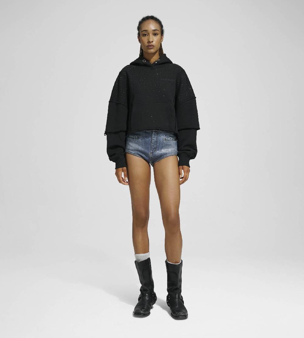 Khrisjoy HOODIE CROP DOUBLE POCKETS STRASS BLACK In Linea