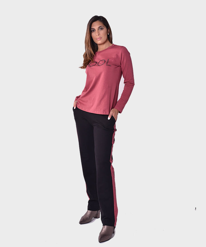 Oltre Tempo Pantalone cotone in felpa con bande ai lati e strass