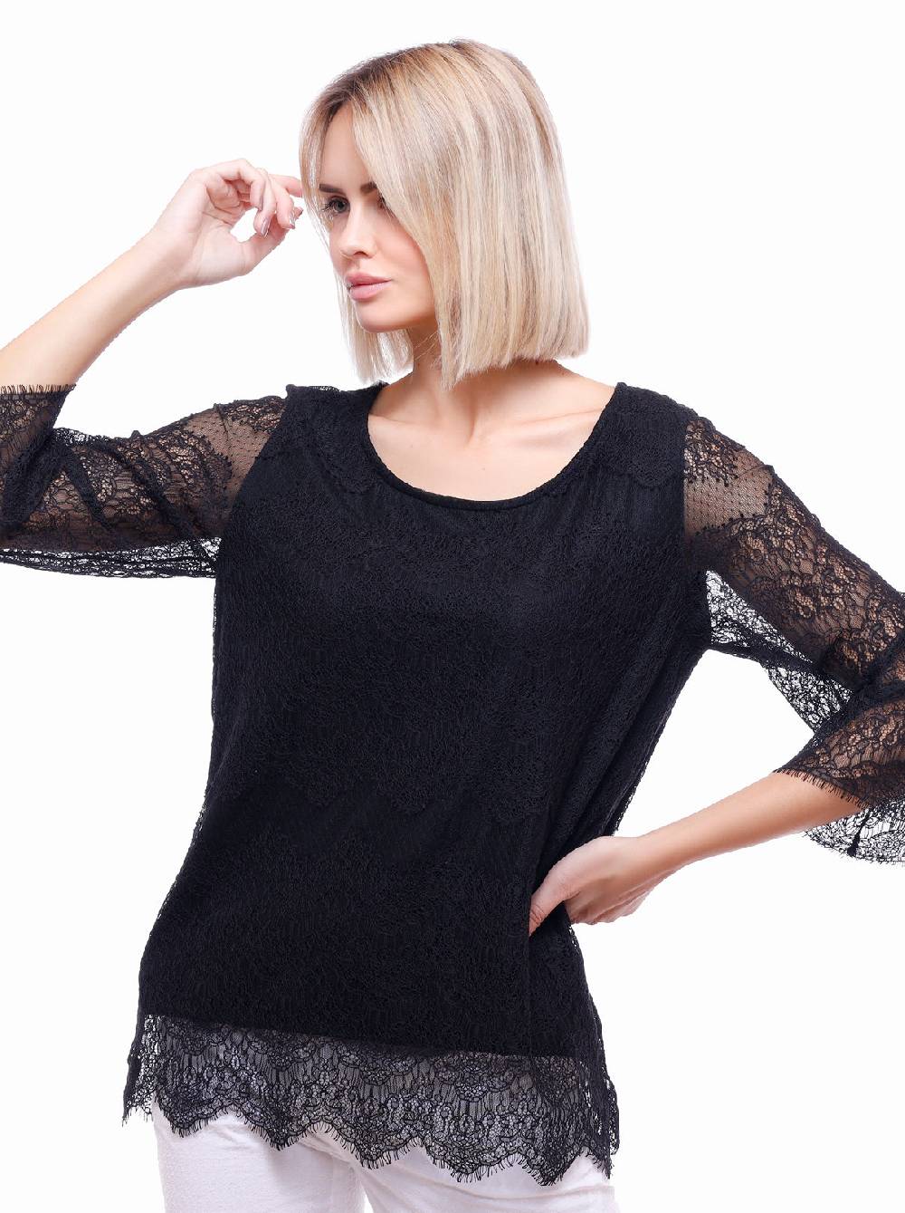 Oscalito Maglia a maniche lunghe in micromodal con Chantilly 5992