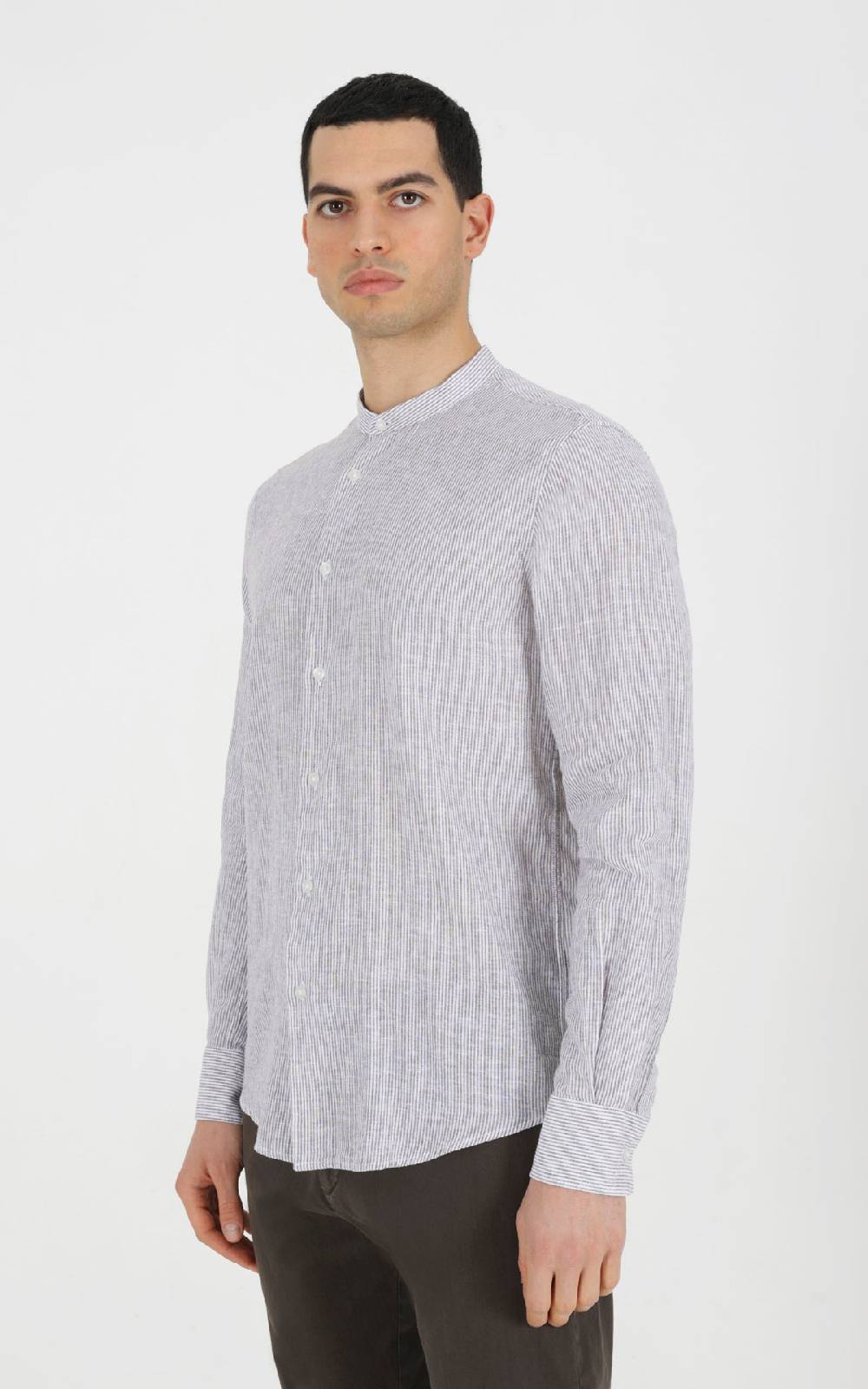 Outfit Italy Camicia coreana in misto lino rigato Vendita Calda