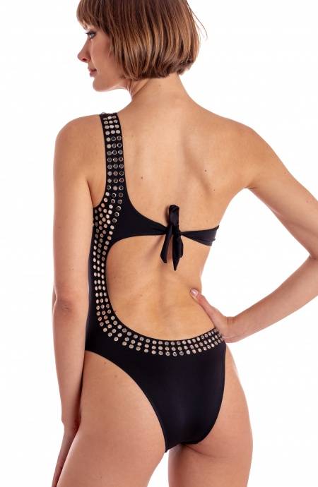 Pin Up Stars COSTUME DA BAGNO INTERO IMBOTTITO MONOSPALLA CON CRISTALLI SPECCHIETTI Nuova