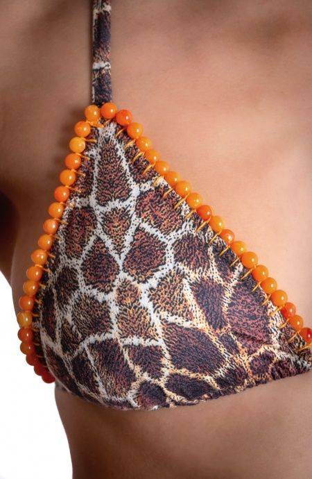 Pin Up Stars BIKINI TRIANGOLO IMBOTTITO DAINETTO CON RICAMO PERLINE STAMPA GIRAFFA Nuovo