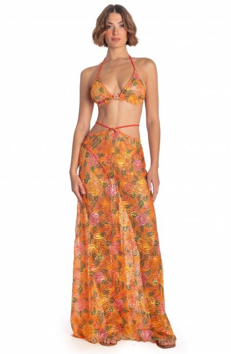 Pin Up Stars ABITO PAREO LUNGO PIZZO MACRAMÉ STAMPA FLOWER BIRD Vendita Calda