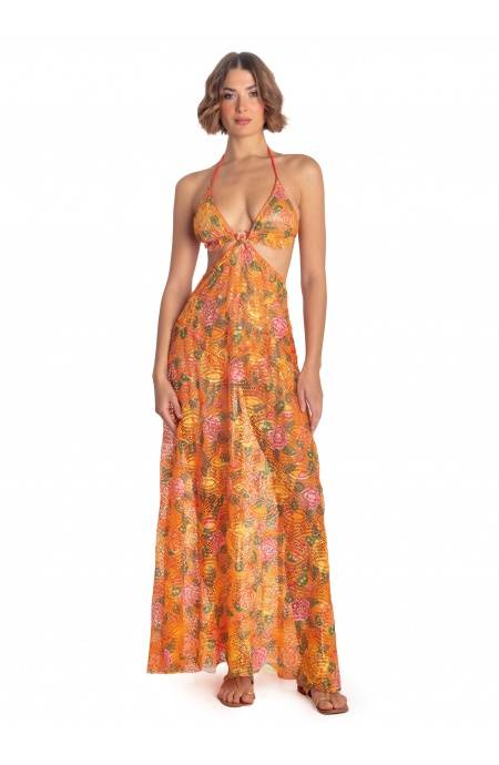 Pin Up Stars ABITO PAREO LUNGO PIZZO MACRAMÉ STAMPA FLOWER BIRD Vendita Calda