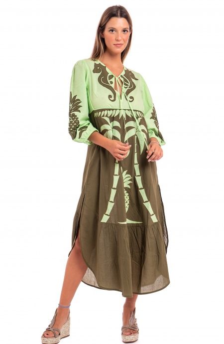 Pin Up Stars Abito Ricamato Manica Lunga Cotone Pineapple Patch In Vendita