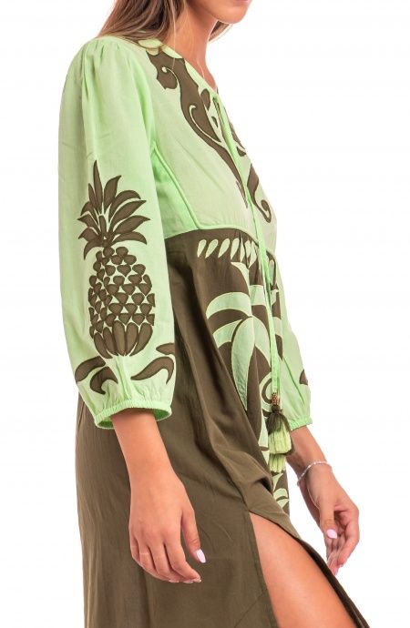 Pin Up Stars Abito Ricamato Manica Lunga Cotone Pineapple Patch In Vendita