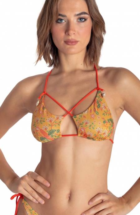 Pin Up Stars TOP BIKINI TRIANGOLO IMBOTTITO CON CONCHIGLIE STAMPA FLOWER BIRD In Linea