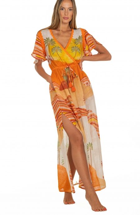 Pin Up Stars Long Dress Scollo a V In Garza Stampa Dune Saldi