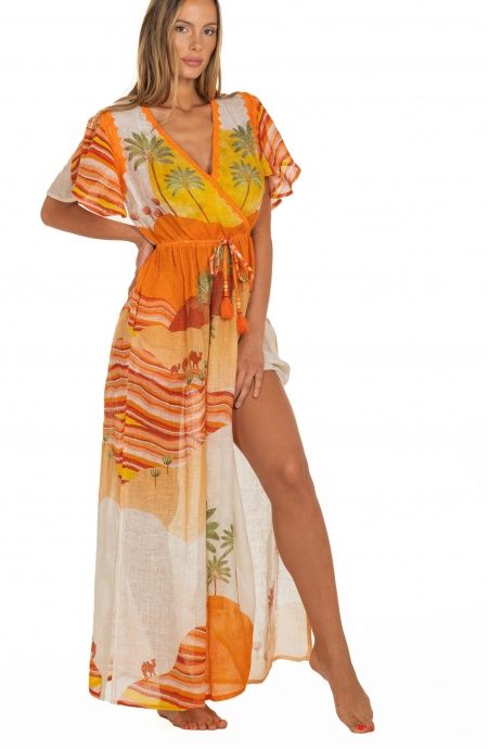 Pin Up Stars Long Dress Scollo a V In Garza Stampa Dune Saldi