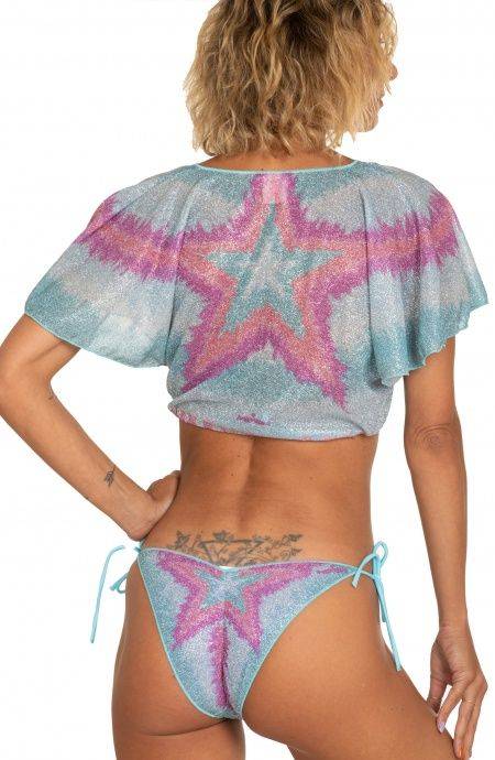 Pin Up Stars Crop Top Aperto Scollo A V Lurex Stampa Stella Sfumata Offerta Pasqua