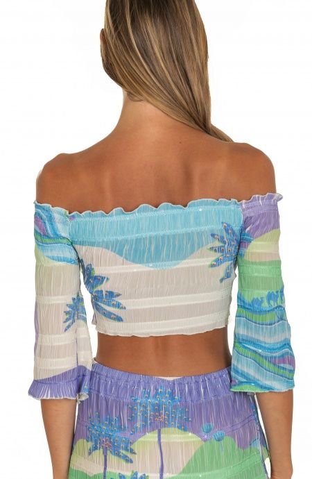 Pin Up Stars Top Goffrato Maniche Campana Stampa Dune In Vendita