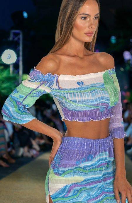 Pin Up Stars Top Goffrato Maniche Campana Stampa Dune In Vendita