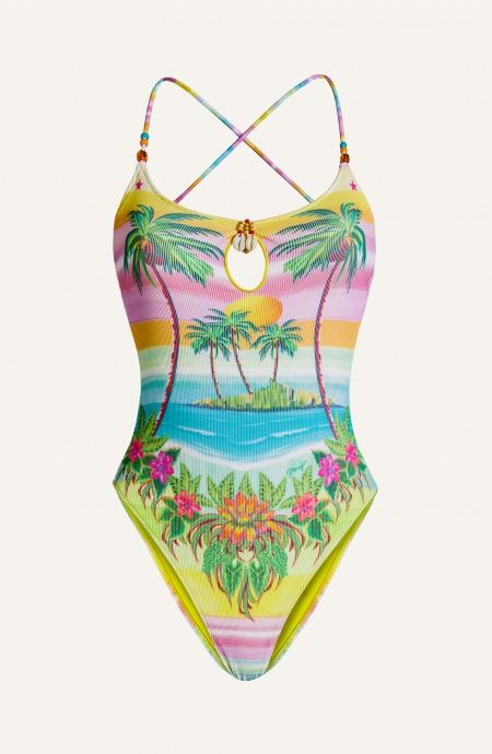 Pin Up Stars Costume Intero Tessuto Costina Stampa Hawaii