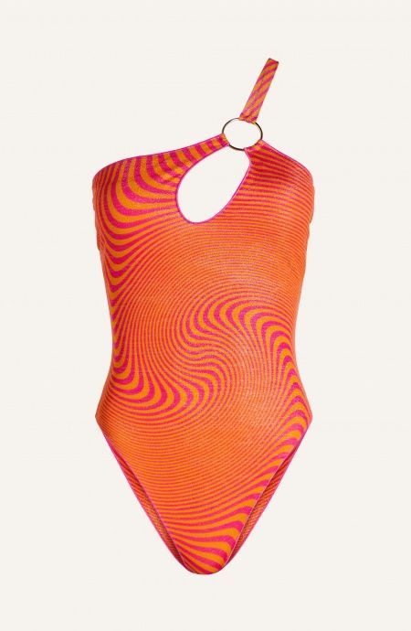 Pin Up Stars Costume Intero Mono Spalla Lurex Con Anella Stampa Optical