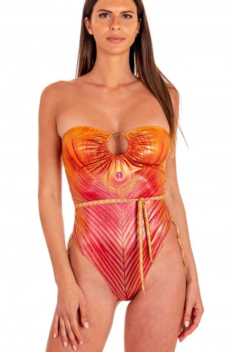 Pin Up Stars Costume Intero Con Anella Stampa Piuma Base Oro Offerta migliore