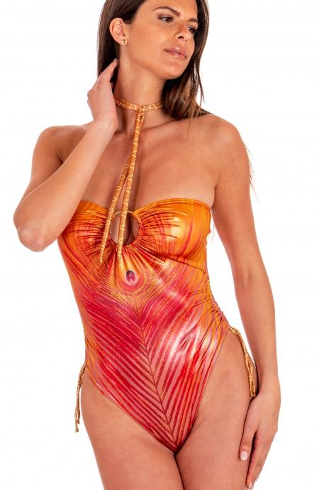 Pin Up Stars Costume Intero Con Anella Stampa Piuma Base Oro Offerta migliore