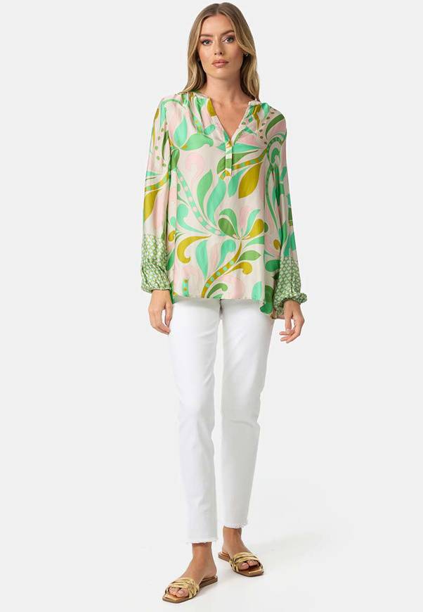 Please Jeans BLUSA CATNOIR IN ECOVEROSATIN - FIORI VERDI Outlet
