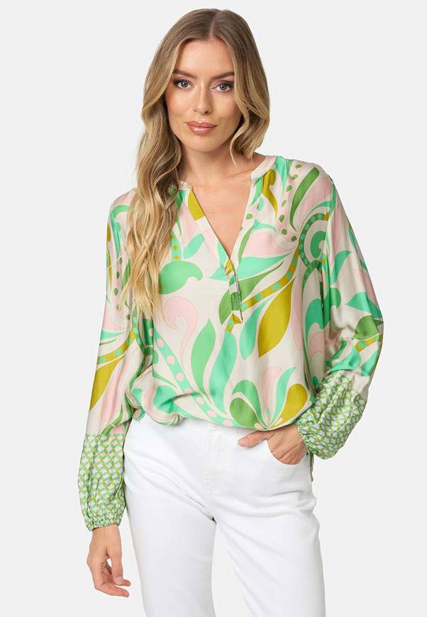 Please Jeans BLUSA CATNOIR IN ECOVEROSATIN - FIORI VERDI Outlet
