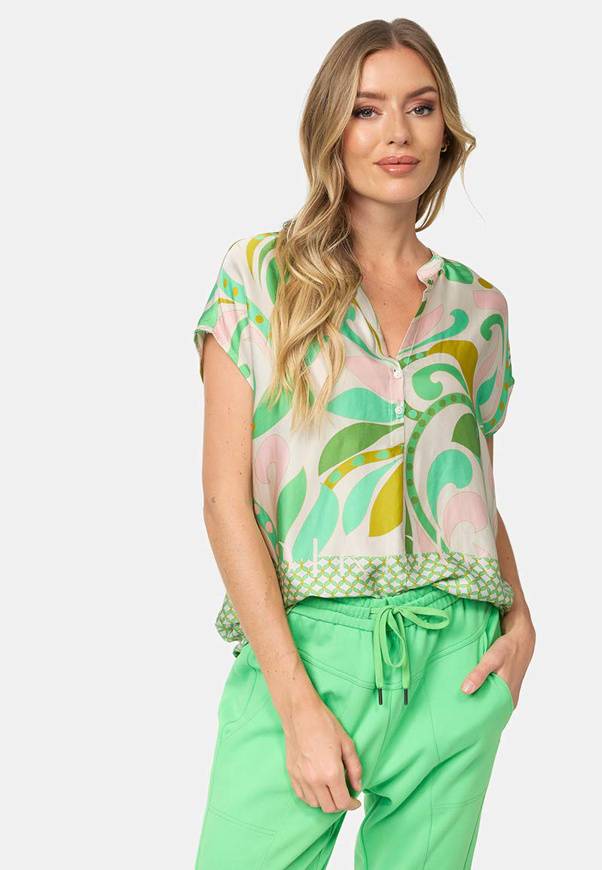 Please Jeans BLUSA CATNOIR A MANICHE CORTE IN ECOVEROSATIN - FIORI VERDI In Vendita