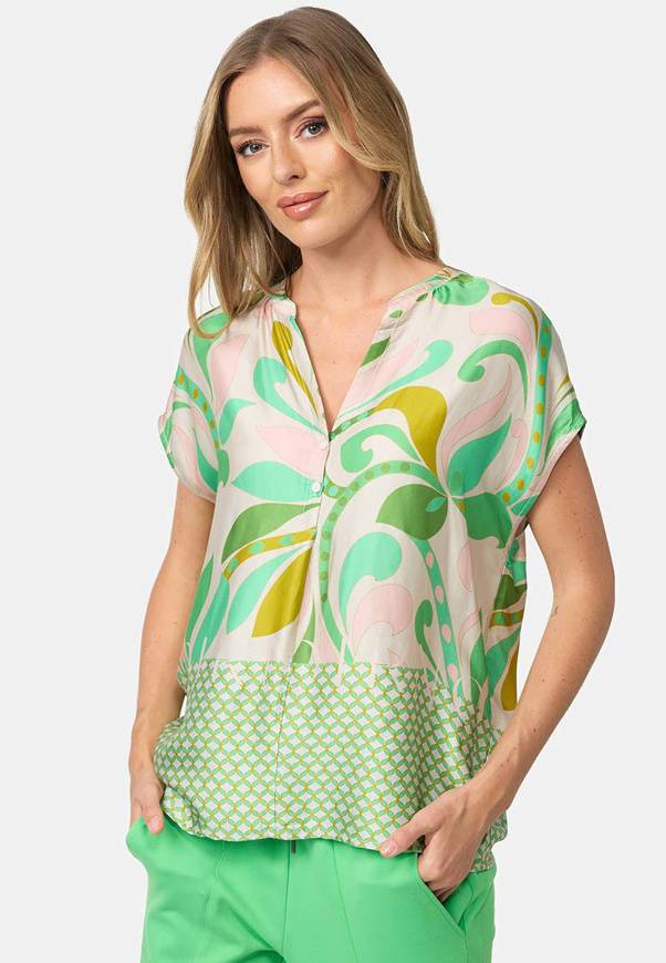Please Jeans BLUSA CATNOIR A MANICHE CORTE IN ECOVEROSATIN - FIORI VERDI In Vendita