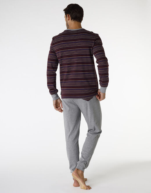 Lovable Pigiama lungo in interlock di cotone, bordeaux con righe multicolor Vendita Economica