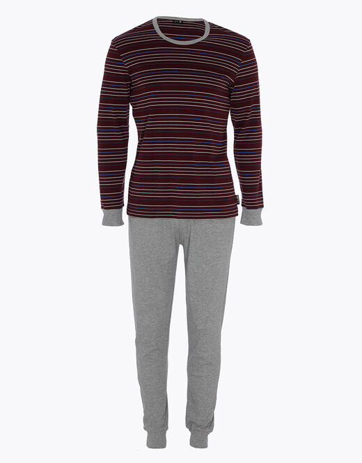 Lovable Pigiama lungo in interlock di cotone, bordeaux con righe multicolor Vendita Economica