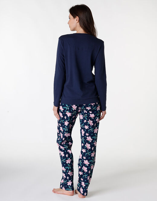Lovable Pigiama lungo in interlock di cotone, blu con stampa floreale Presa